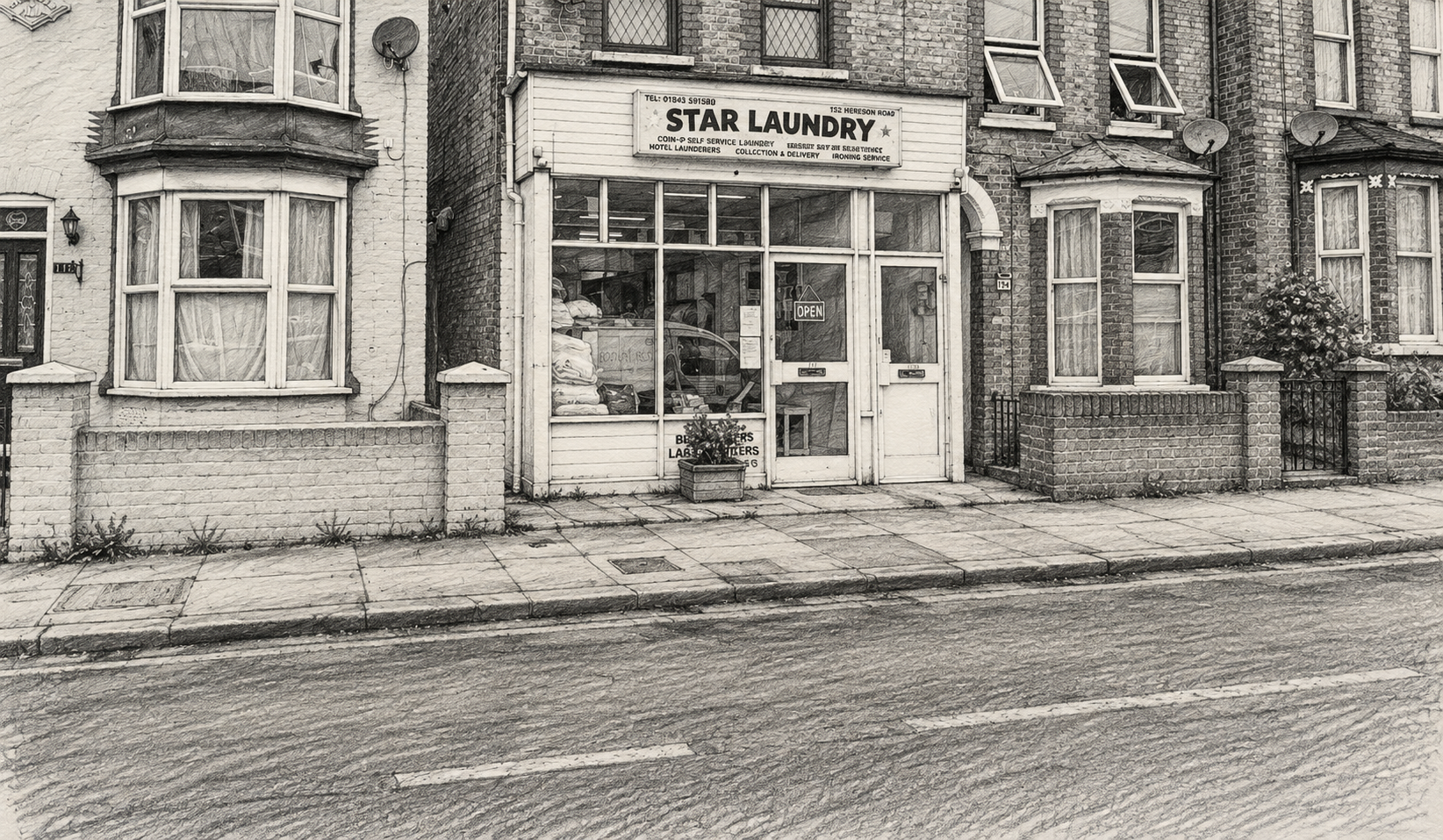 Illustrative laundrette storefront